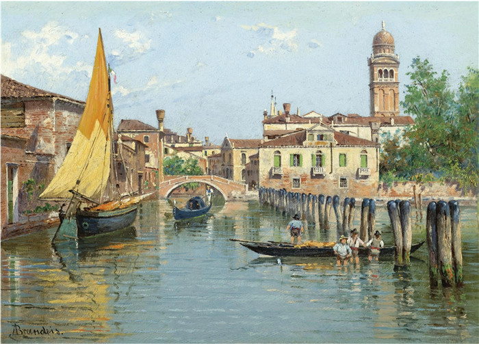安东尼奥·布兰代斯(Antonietta Brandeis）油画-威尼斯运河上的贡多拉