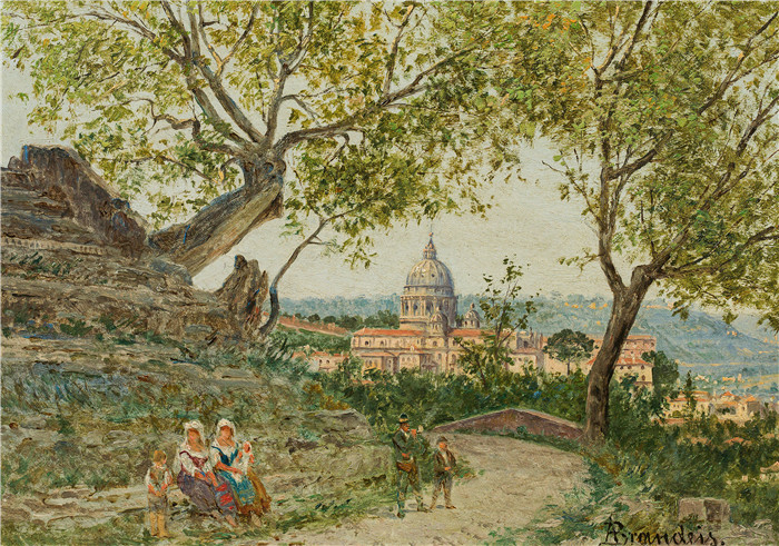 安东尼奥·布兰代斯(Antonietta Brandeis）油画-在Torquato Tasso的橡木下面，背景是罗马