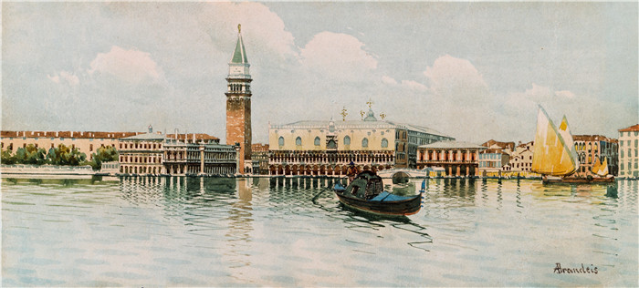 安东尼奥·布兰代斯(Antonietta Brandeis）油画-威尼斯、圣马可大教堂和总督府