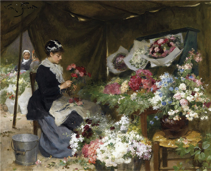 吉尔伯特(Victor Gabriel Gilbert)作品-一个卖花的人在做她的花束