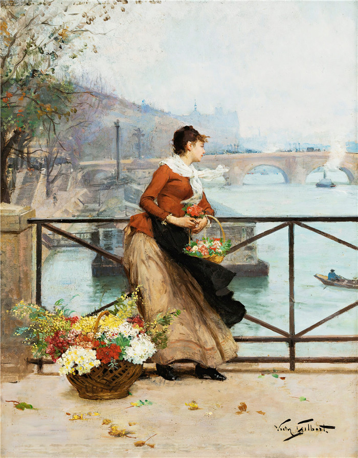 吉尔伯特(Victor Gabriel Gilbert)作品-巴黎艺术桥上的卖花人