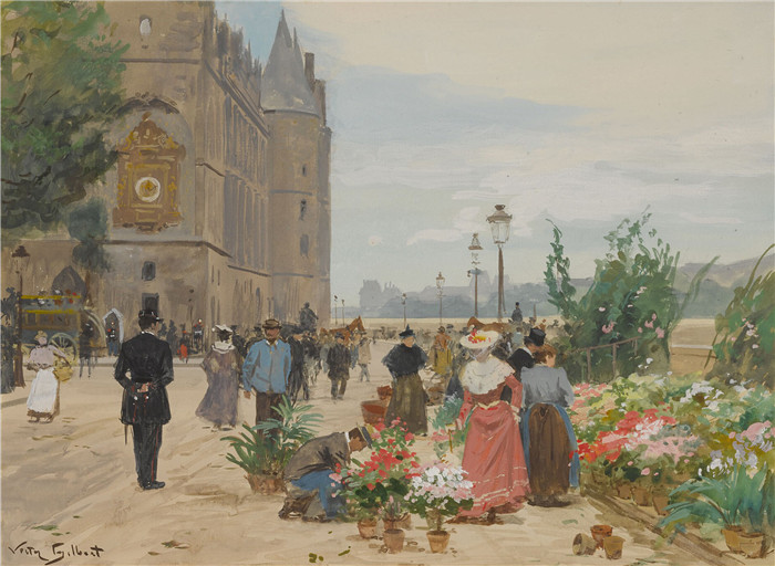 吉尔伯特(Victor Gabriel Gilbert)作品-巴黎，门房外的卖花人