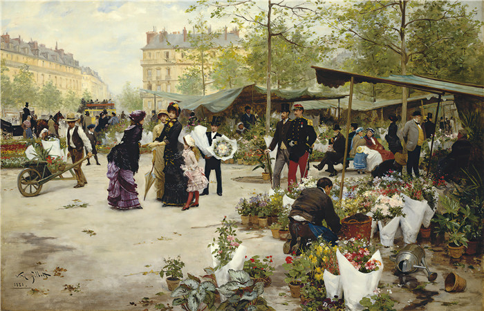 吉尔伯特(Victor Gabriel Gilbert)作品-花卉市场，巴黎，1881年