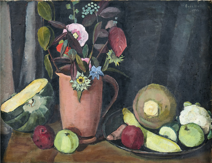 阿格达·霍尔斯特（Agda Holst ）作品-Stilleben med blommor och frukter. Signerad och daterad 1927. Olja p duk, 47