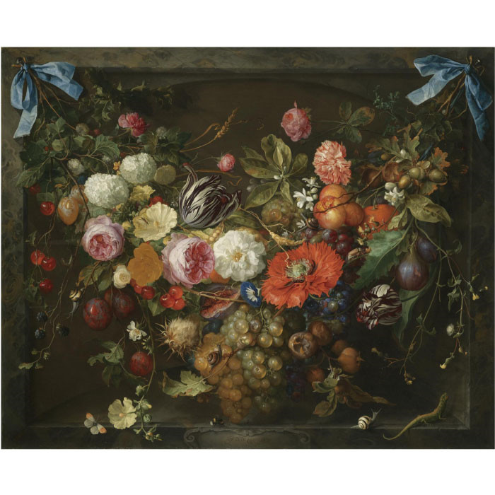 杨·戴维茨·德·希姆(Jan Davidsz. de Heem) 作品-大理石壁龛中挂满水果和鲜花的花篮 - 副本