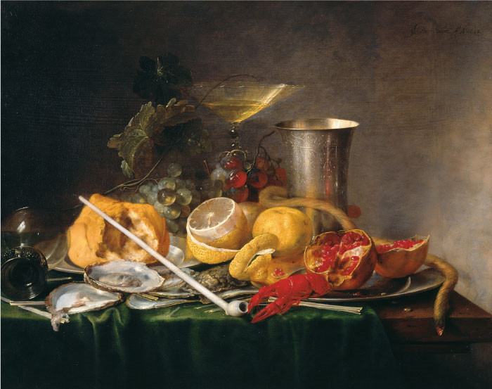 杨·戴维茨·德·希姆(Jan Davidsz. de Heem) 作品-静物,早餐配一杯香槟和烟斗,1642年