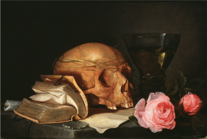 杨·戴维茨·德·希姆(Jan Davidsz. de Heem) 作品-《带骷髅、书和玫瑰的虚荣静物》