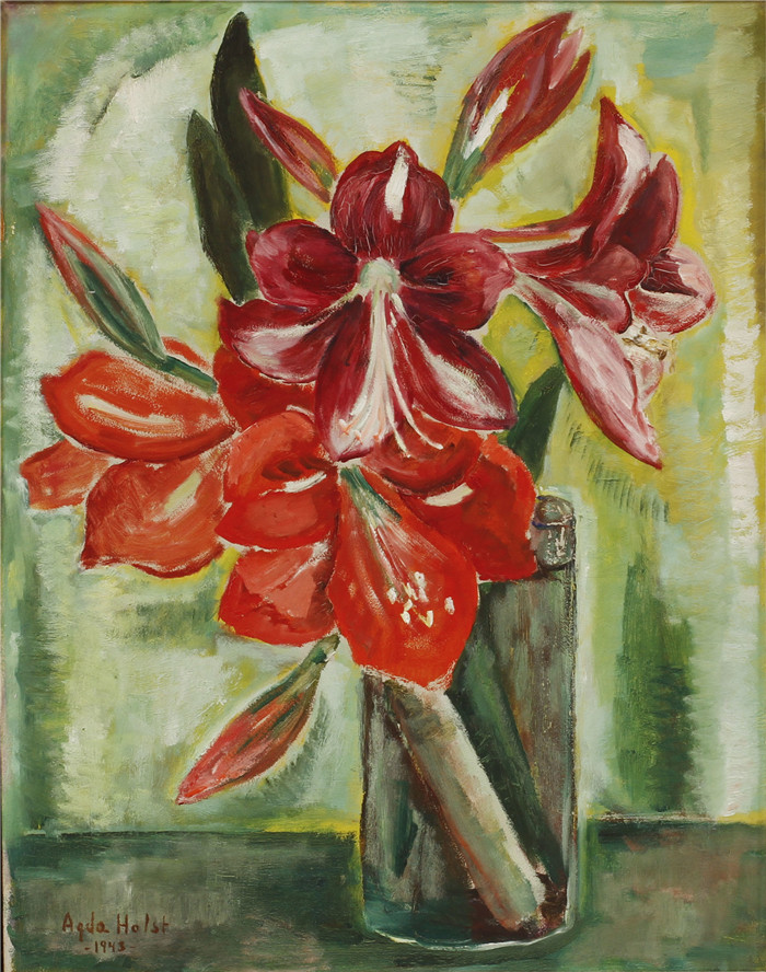 阿格达·霍尔斯特(Agda Holst )作品-Roda liljor, olja p pann, sign o dat 1943