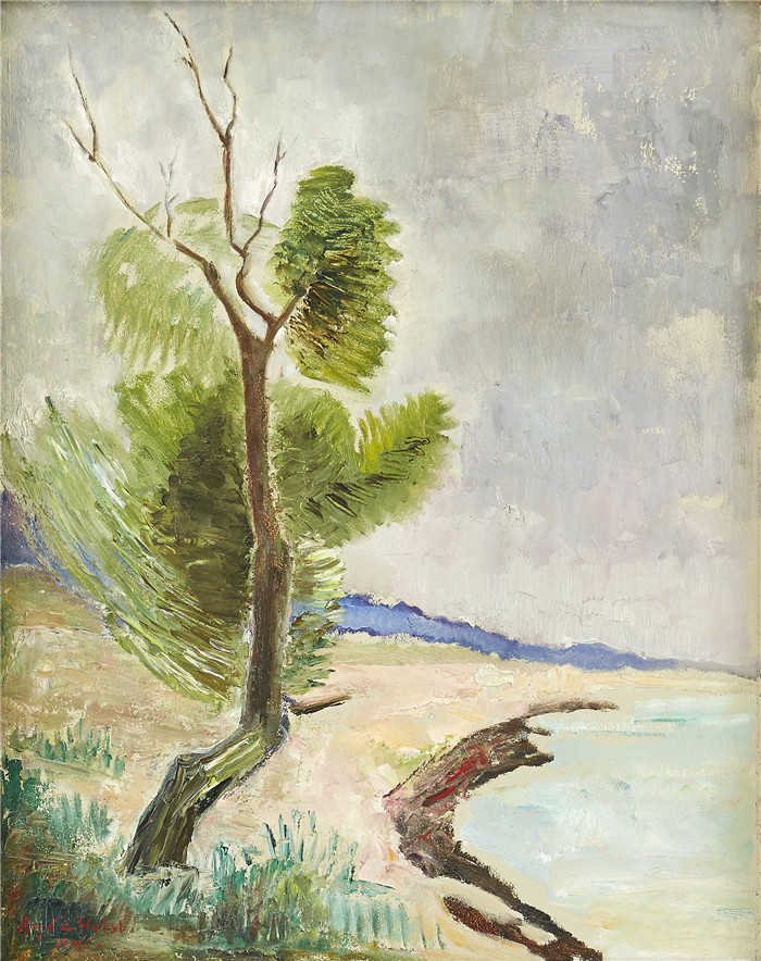 阿格达·霍尔斯特(Agda Holst )作品-Tradet. Signerad och daterad 1945. Olja p pann, 61 x 48 cm.