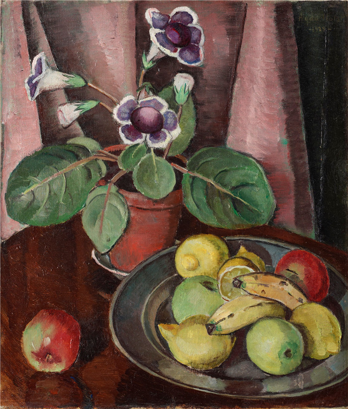 阿格达·霍尔斯特（Agda Holst ）作品-Still life with plant and a fruit plate