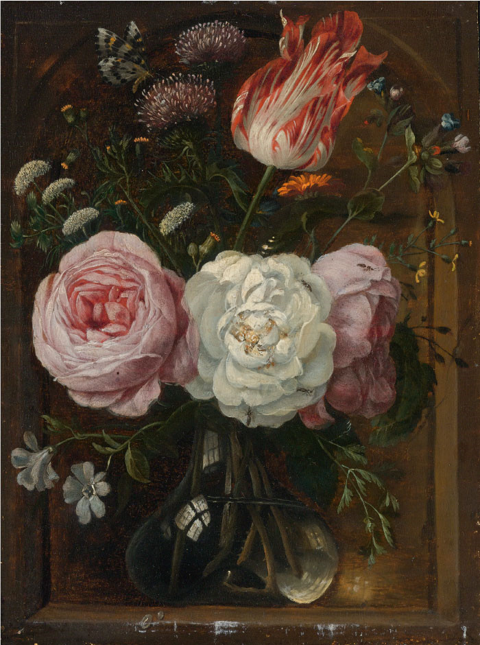 杨·戴维茨·德·希姆(Jan Davidsz. de Heem) 作品-玻璃花瓶里的郁金香和玫瑰的静物花 
