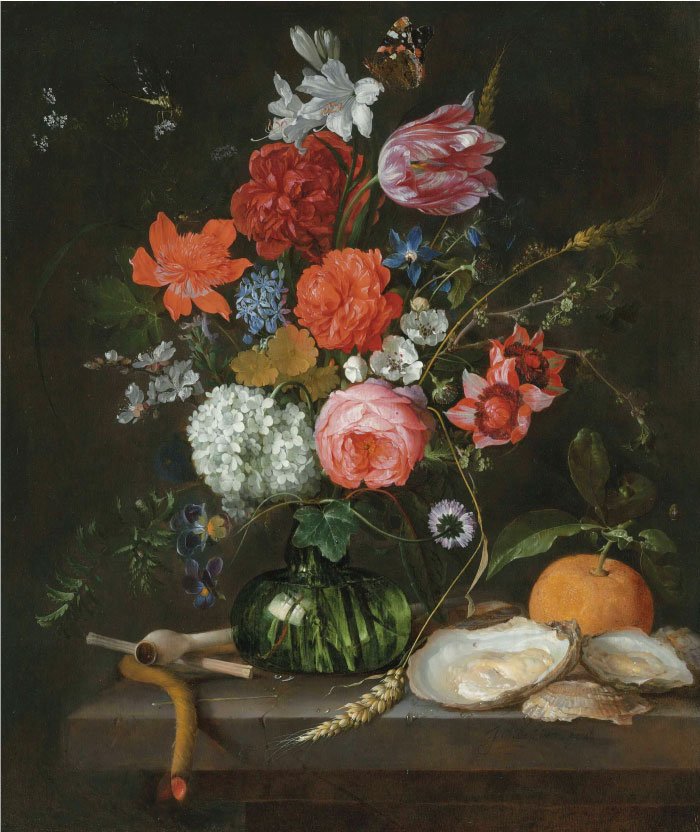 杨·戴维茨·德·希姆(Jan Davidsz. de Heem) 作品-玻璃花瓶里的郁金香、玫瑰、苹果花、矢车菊和其他花