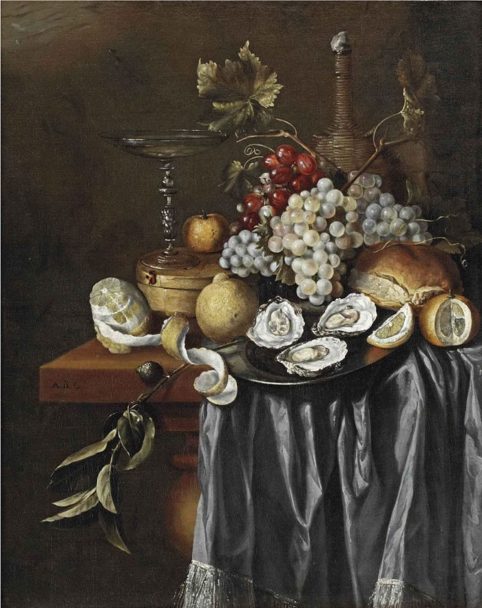 杨·戴维茨·德·希姆(Jan Davidsz. de Heem) 作品-一个去皮的柠檬，一个威尼斯玻璃杯，一个克莱门汀，蓝白葡萄