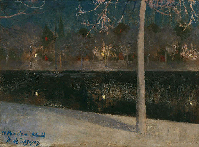 达里奥·雷格尤斯（Dario de Regoyos）油画-荷兰哈勒姆夜间降雪 1886年