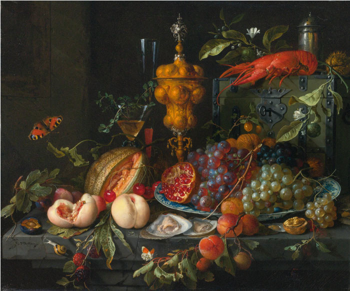 杨·戴维茨·德·希姆(Jan Davidsz. de Heem) 作品-由水果、坚果、牡蛎、龙虾、昆虫和蜗牛组成的静物