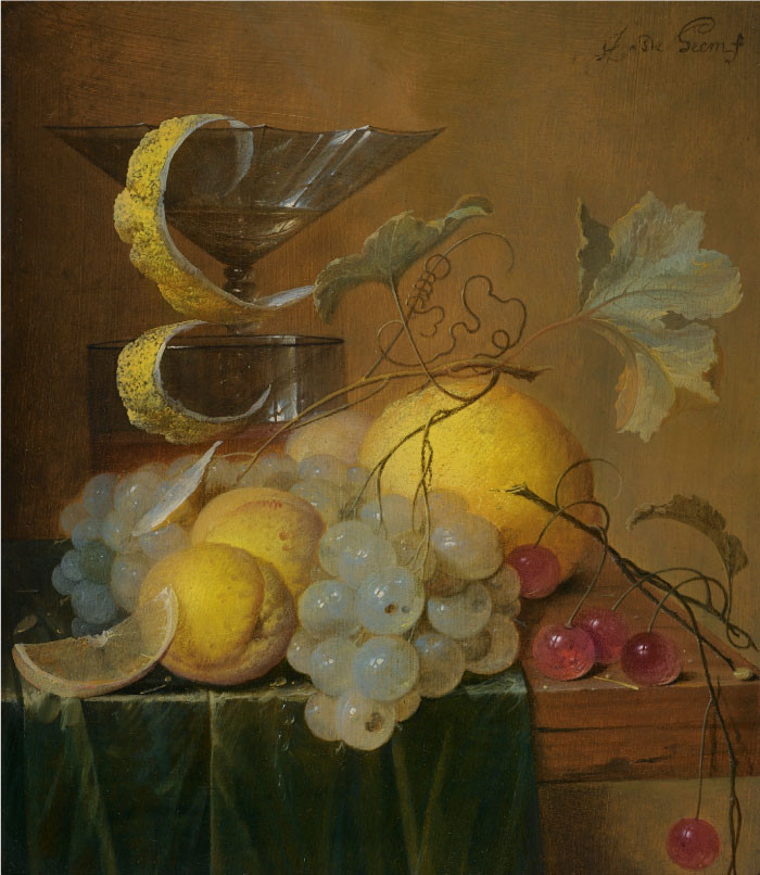 杨·戴维茨·德·希姆(Jan Davidsz. de Heem) 作品-酒杯、柠檬皮、桃子、葡萄和樱桃静物