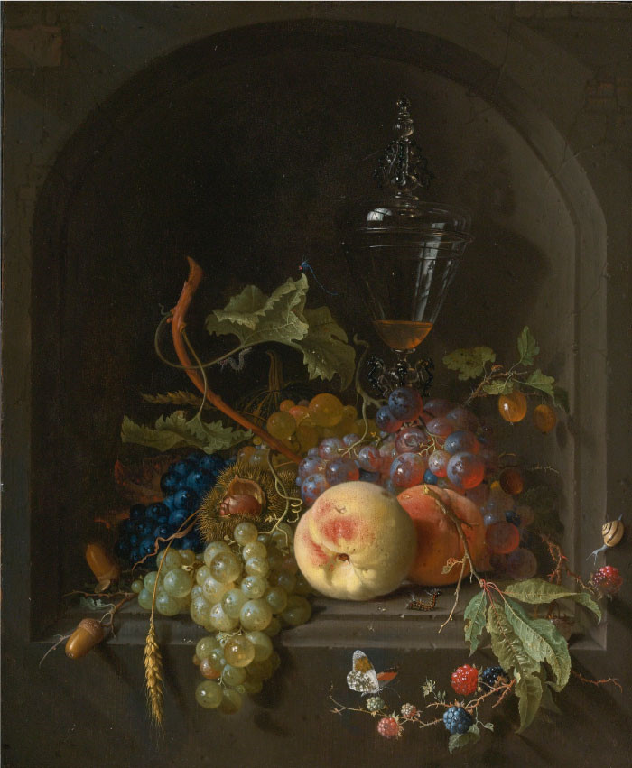 杨·戴维茨·德·希姆(Jan Davidsz. de Heem) 作品-葡萄、桃子、黑莓、橡子、多汁水果的静物