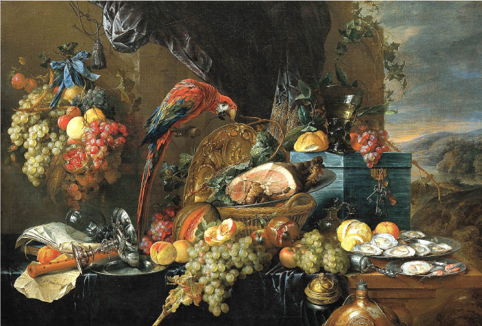 杨·戴维茨·德·希姆(Jan Davidsz. de Heem) 作品-一张镶满鹦鹉的餐桌 