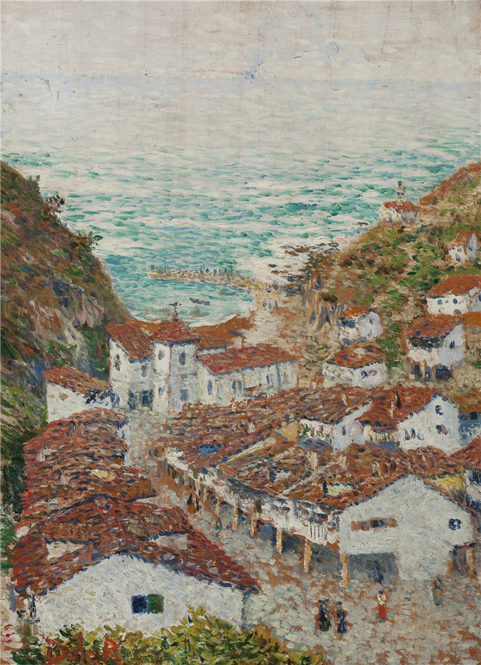 达里奥·雷格尤斯(Dario de Regoyos)油画-康塔布里卡海岸波布尔(Cudillero),1892年