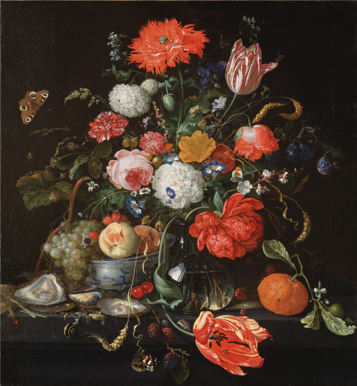 杨·戴维茨·德·希姆(Jan Davidsz. de Heem) 作品-鲜花静物配一碗水果和牡蛎