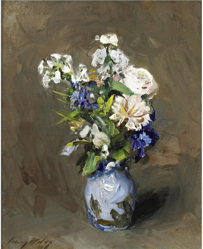 欧文·拉姆齐·怀尔斯(Irving Ramsey Wiles)作品-蓝色花瓶里的花束