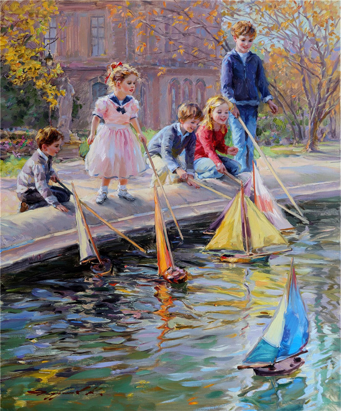 康斯坦丁 · 拉祖莫夫 (Konstantin Razumov) 作品-巴黎Tuilleri花园的秋天,带着玩具游艇的孩子们