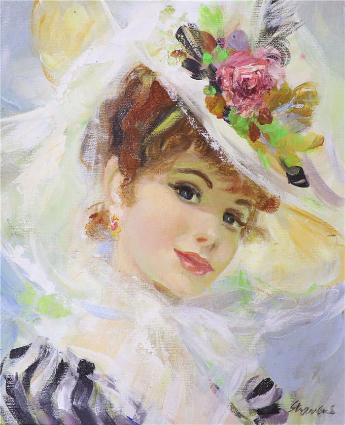 康斯坦丁 · 拉祖莫夫 (Konstantin Razumov) 作品-戴花帽的爱德华时代年轻女士肖像