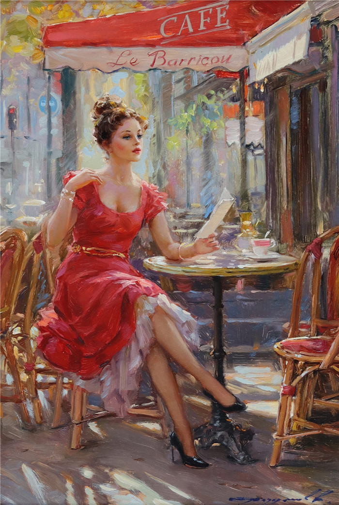 康斯坦丁 · 拉祖莫夫 (Konstantin Razumov) 作品-巴黎咖啡馆的优雅女士