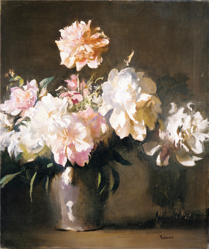 埃德蒙·查尔斯·塔贝尔（Edmund Charles Tarbell）作品-《牡丹静物瓶》，1925年