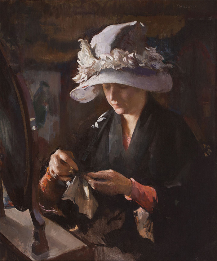埃德蒙·查尔斯·塔贝尔（Edmund Charles Tarbell）作品-《补手套的女人》，1935年