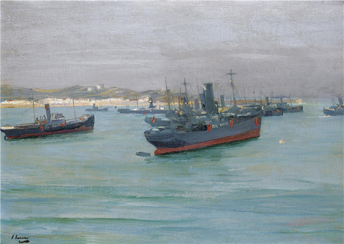 约翰·拉弗里（John Lavery）作品-挪威货船，圣让德吕兹，1917年