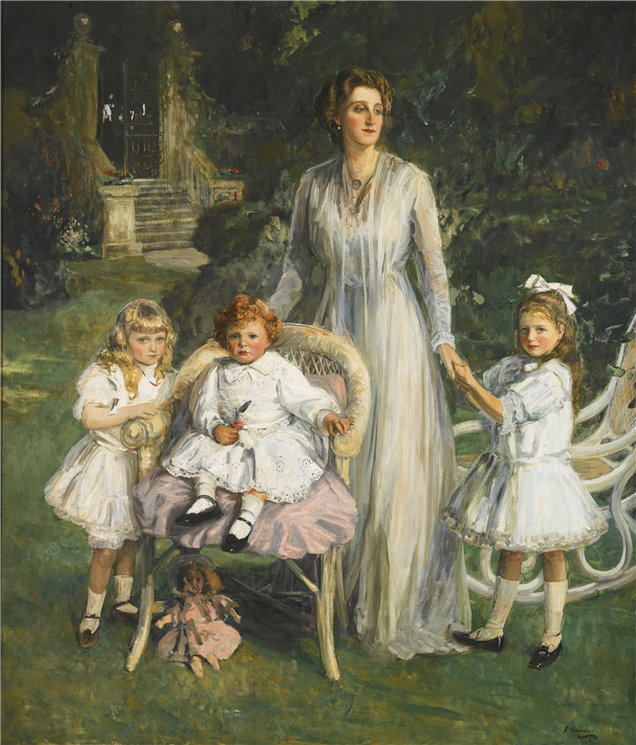 约翰·拉弗里（John Lavery）作品-Archibald Benn Duntley Maconochie与他的母亲和姐妹，1908年