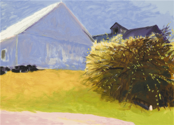 沃尔夫卡恩(Wolf Kahn)高清作品-Barn and Forsythia III, 2003