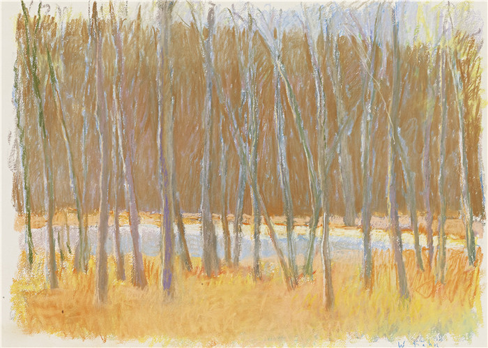 沃尔夫卡恩(Wolf Kahn)高清作品-《秋天的森林里的金光》，1986年