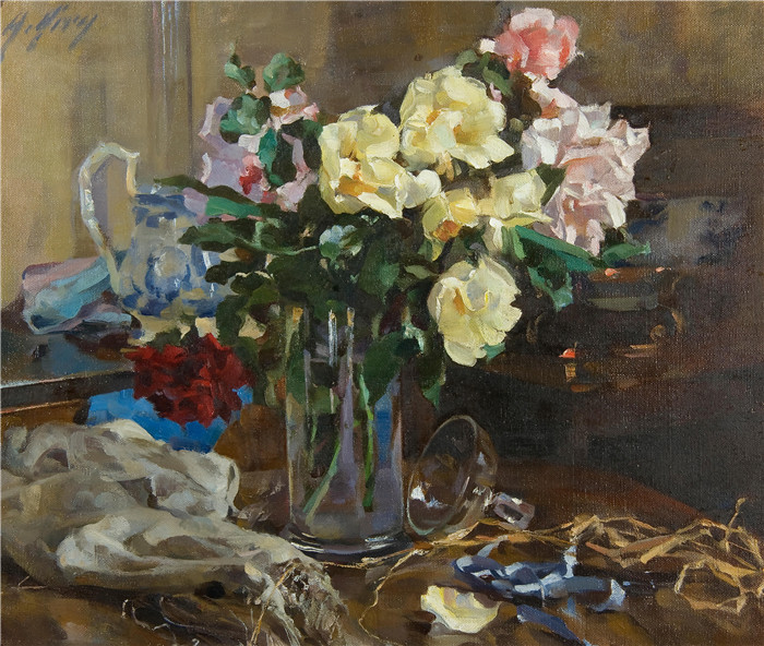 安娜·艾里（Anna Airy）作品-花瓶里的玫瑰静物