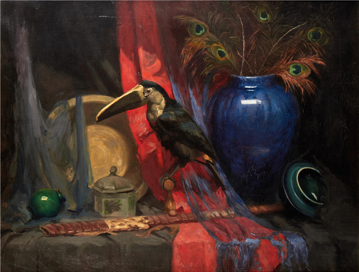 安娜·艾里（Anna Airy）作品-有巨嘴鸟和蓝色花瓶的静物