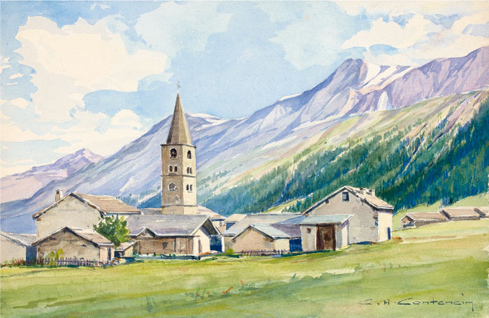 查尔斯·亨利·康坦辛（Charles Henry Contencin）作品-山村的景色