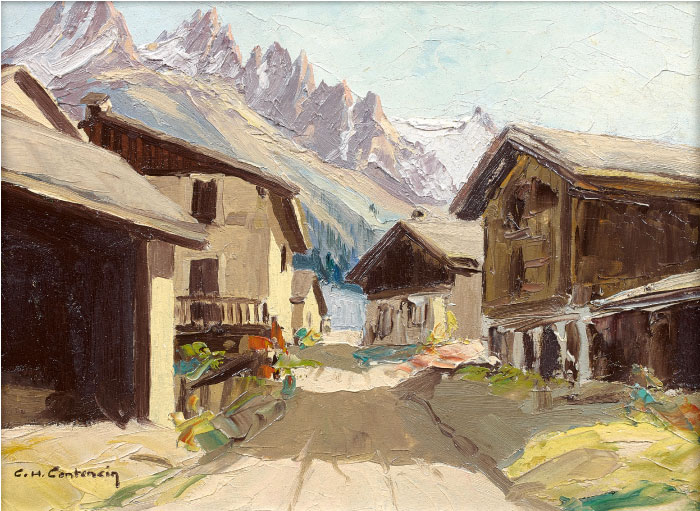 查尔斯·亨利·康坦辛（Charles Henry Contencin）作品-山景中的小屋