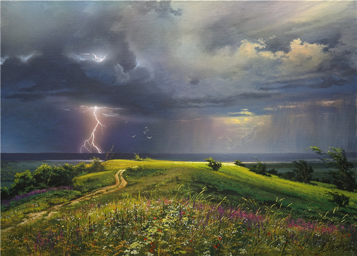 维克多·尤什凯维奇(Viktor Yushkevich)作品-风景高清油画 9 闪电,暴风雨前