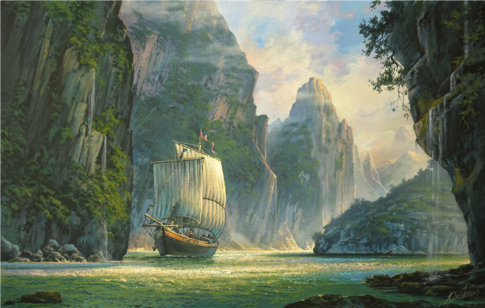维克多·尤什凯维奇(Viktor Yushkevich)作品-风景高清油画 22 高山帆船河流
