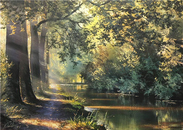 维克多·尤什凯维奇(Viktor Yushkevich)作品-风景高清油画 53 小河大树阳光