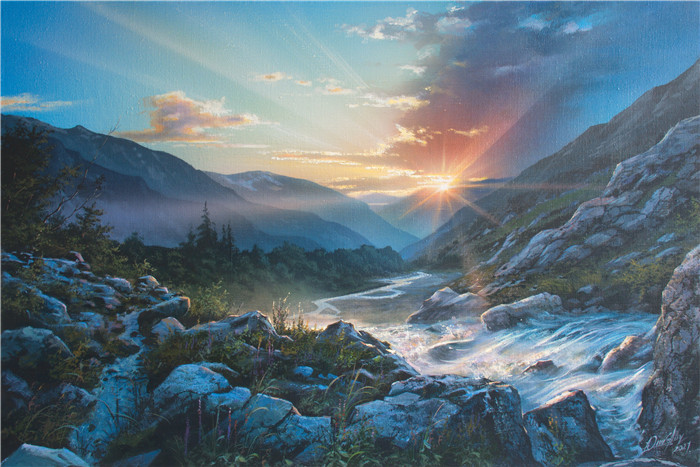 维克多·尤什凯维奇(Viktor Yushkevich)作品-风景高清油画 41 阳光河流高山