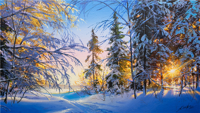维克多·尤什凯维奇(Viktor Yushkevich)作品-风景高清油画 44 白雪阳光森林