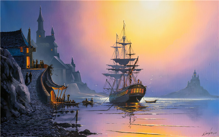 维克多·尤什凯维奇(Viktor Yushkevich)作品-风景高清油画 56 码头帆船