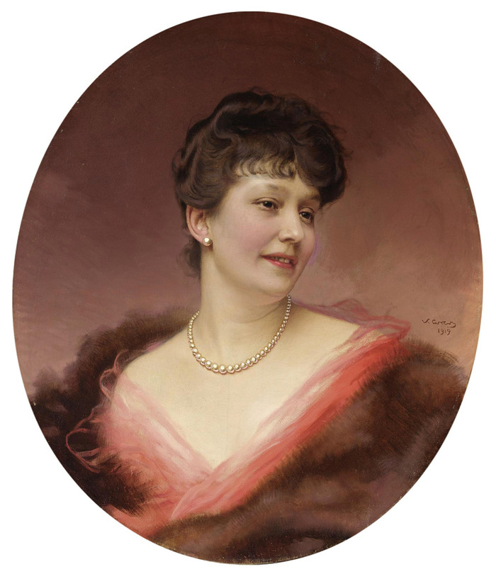 科科斯(Vittorio Matteo Corcos)作品-一位戴珍珠项链的女士肖像,1919年