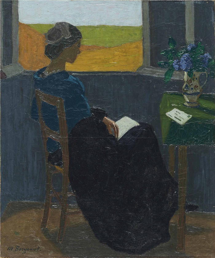 马吕斯·伯格（Marius Borgeaud）高清油画-少女读书，1918