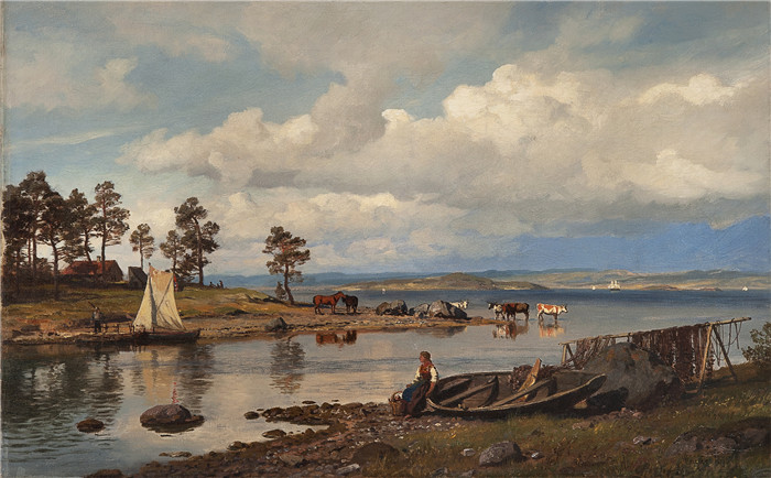 汉斯·古德(Hans Gude)风景油画作品-Fjordlandskap med folkeliv (1875)