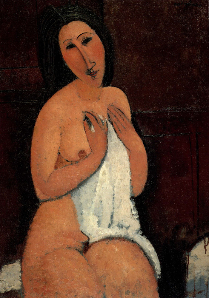 阿米迪奥·莫迪利亚尼(Amedeo Modigliani)油画-裸体坐着,穿着衬衫