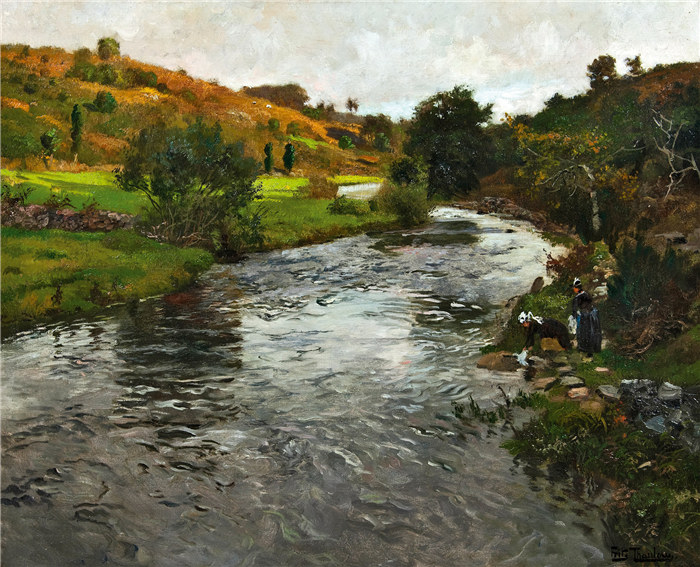 弗里茨·陶洛(Frits Thaulow)高清 作品-Washerwomen on the river Elle, Quimperlé Fritz Thaulow