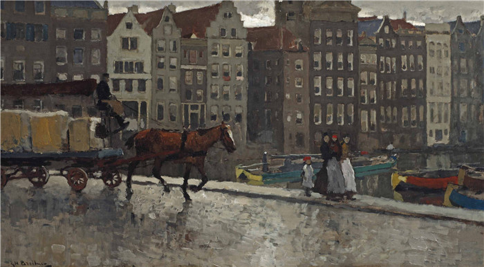 乔治·亨德里克·布莱特纳(George Hendrik Breitner)作品-damrak vrachtwagen on the nieuwe brug with the